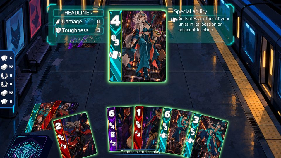Card battle on a subway platform with a unit’s special ability